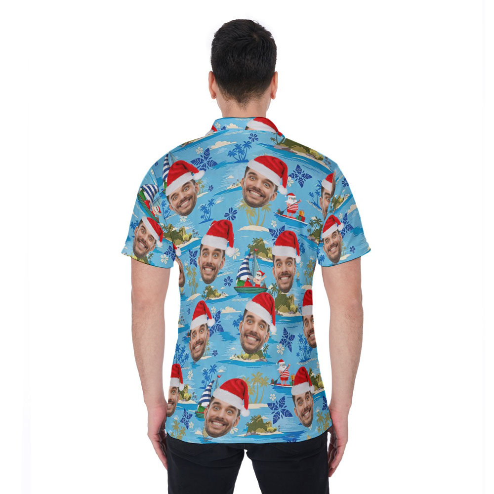 Santa Merry Island Christmas Blue Hawaiian Polo Shirt With Custom Face