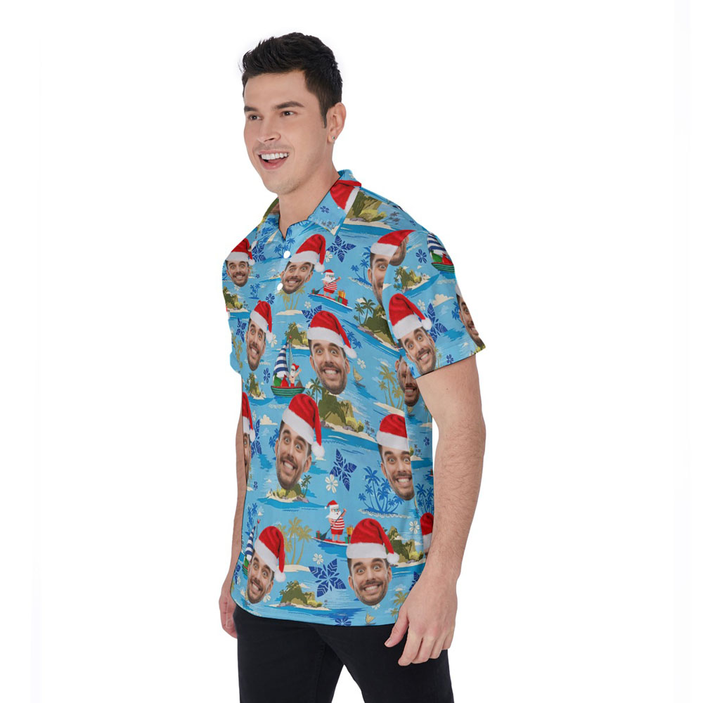Santa Merry Island Christmas Blue Hawaiian Polo Shirt With Custom Face