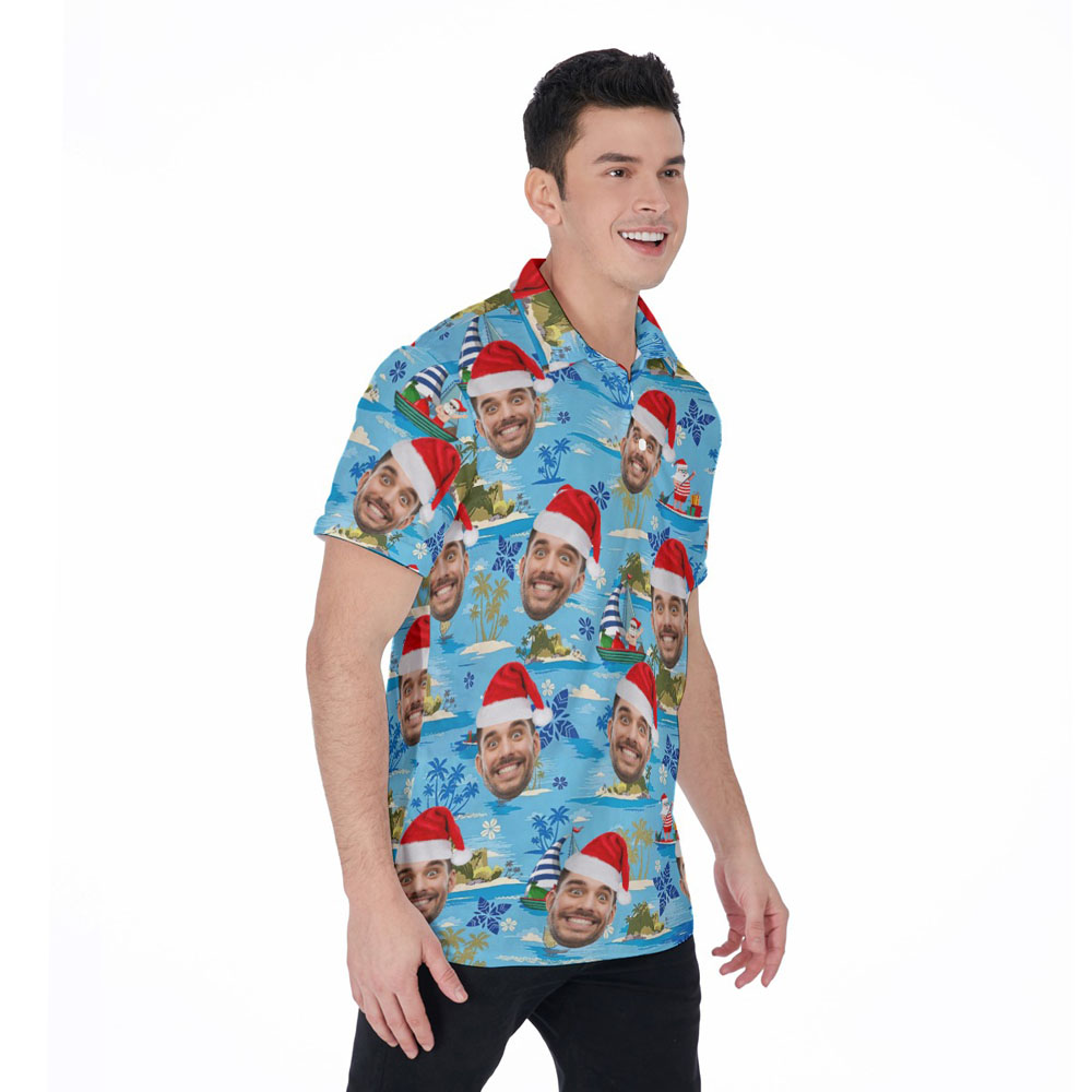 Santa Merry Island Christmas Blue Hawaiian Polo Shirt With Custom Face