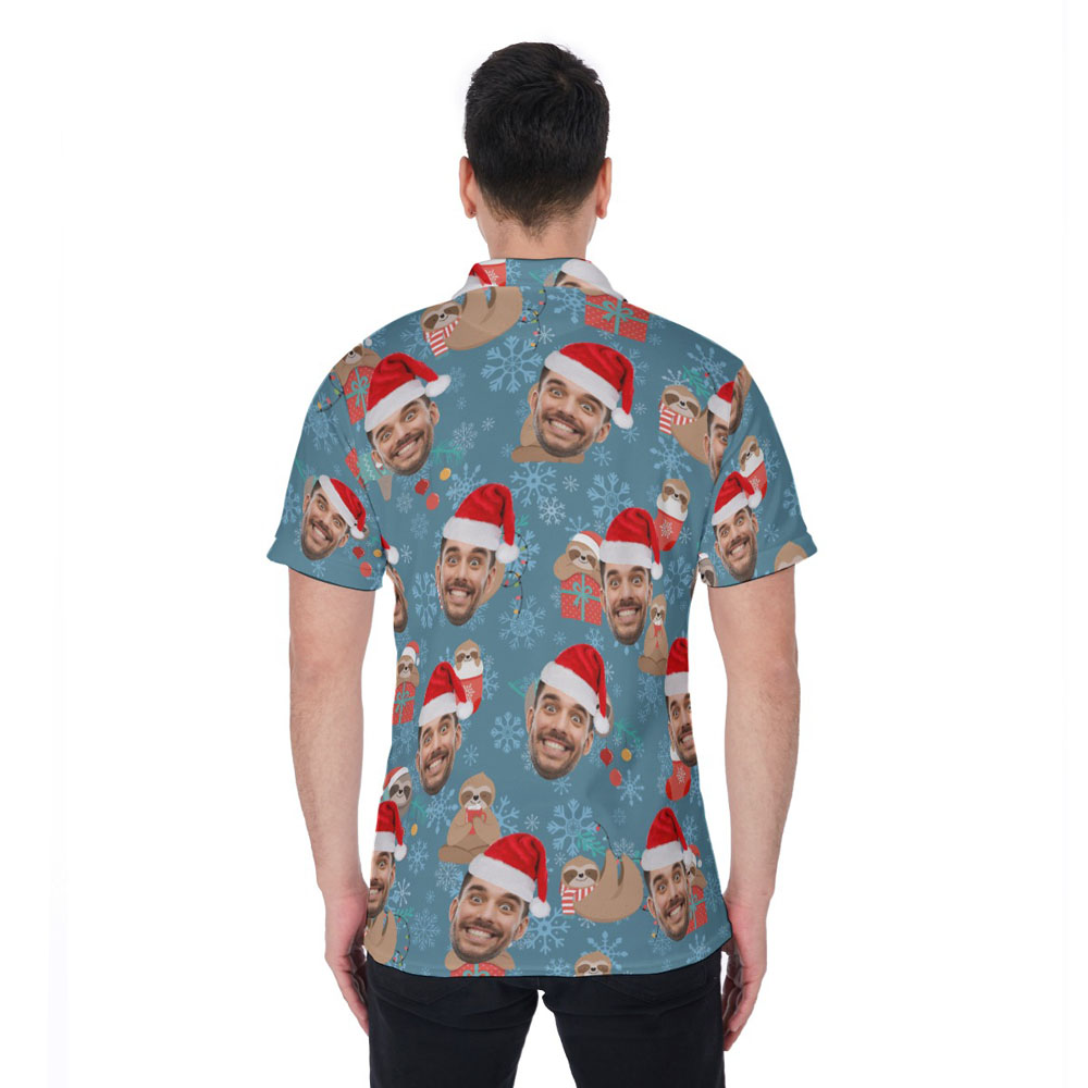 Custom Face Christmas Sloth Blue Hawaiian Polo Shirt For Men