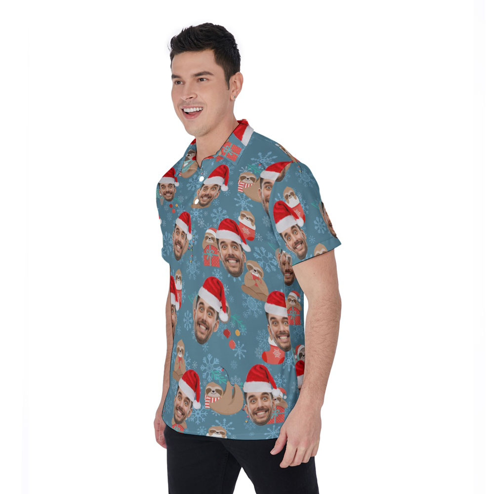 Custom Face Christmas Sloth Blue Hawaiian Polo Shirt For Men