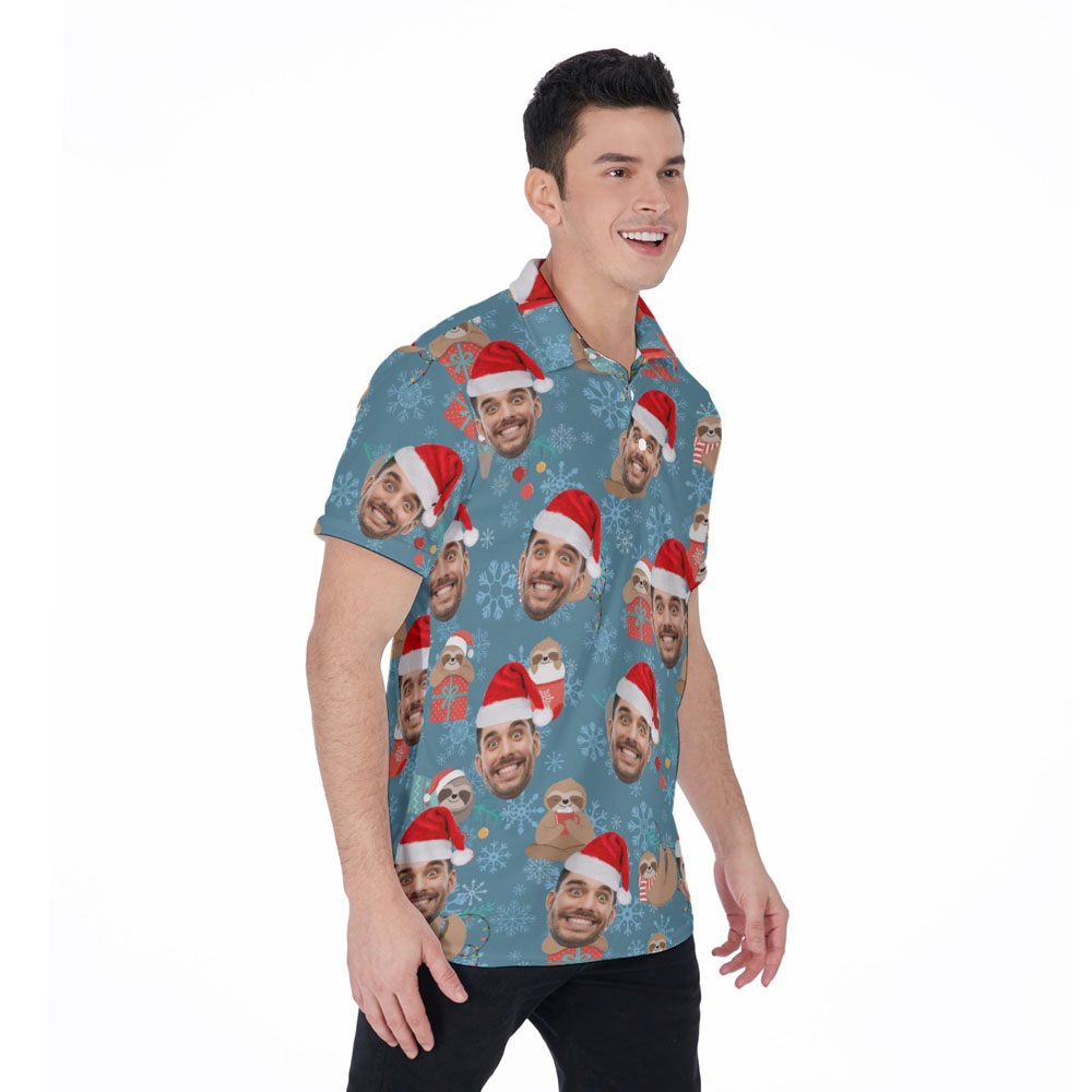 Custom Face Christmas Sloth Blue Hawaiian Polo Shirt For Men