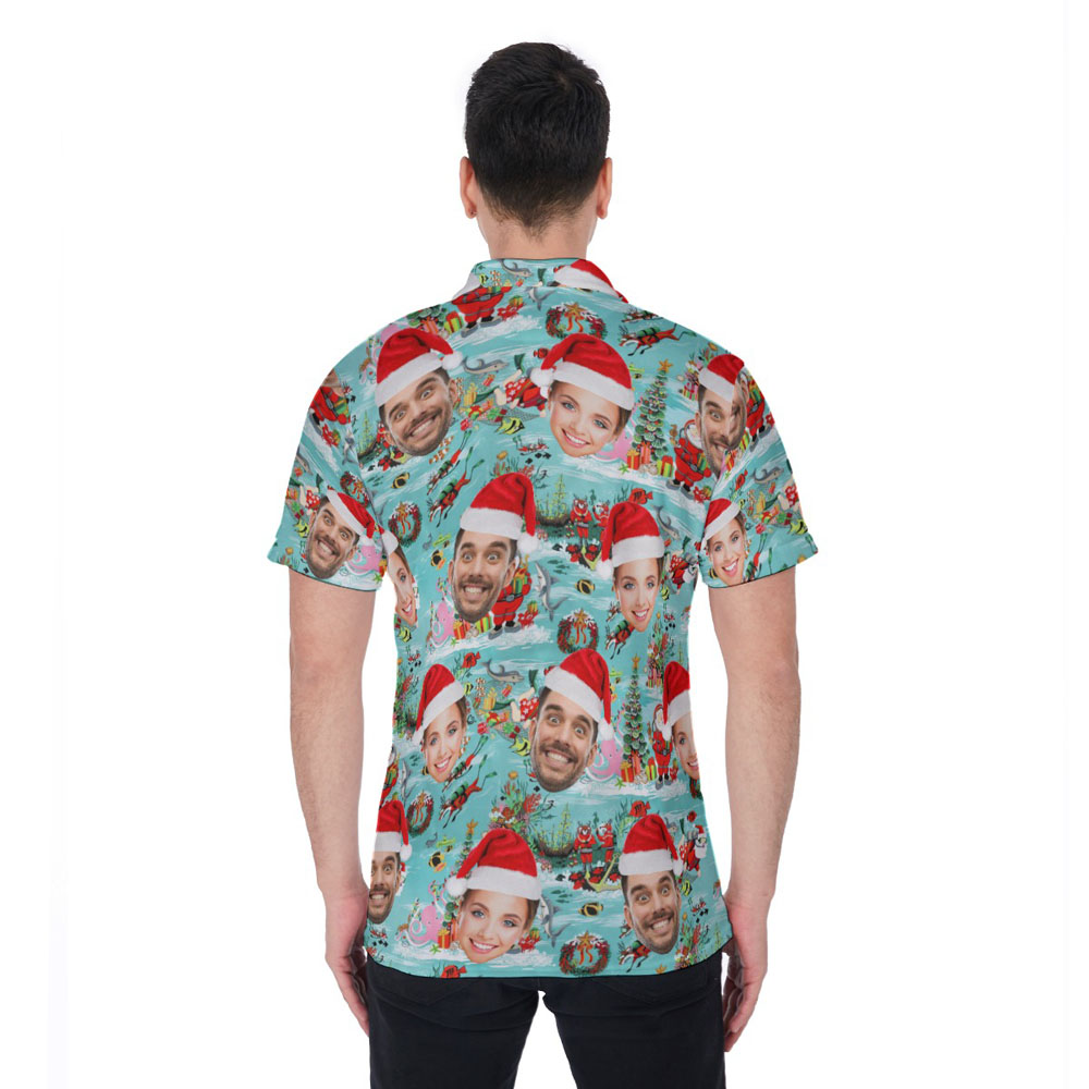 Scuba Diving Santa Claus Blue Hawaiian Polo Shirt With Custom Face