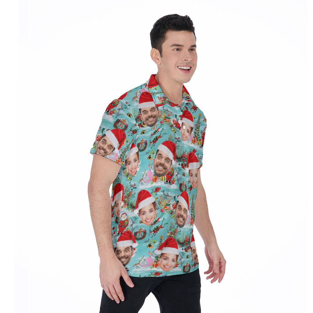 Scuba Diving Santa Claus Blue Hawaiian Polo Shirt With Custom Face