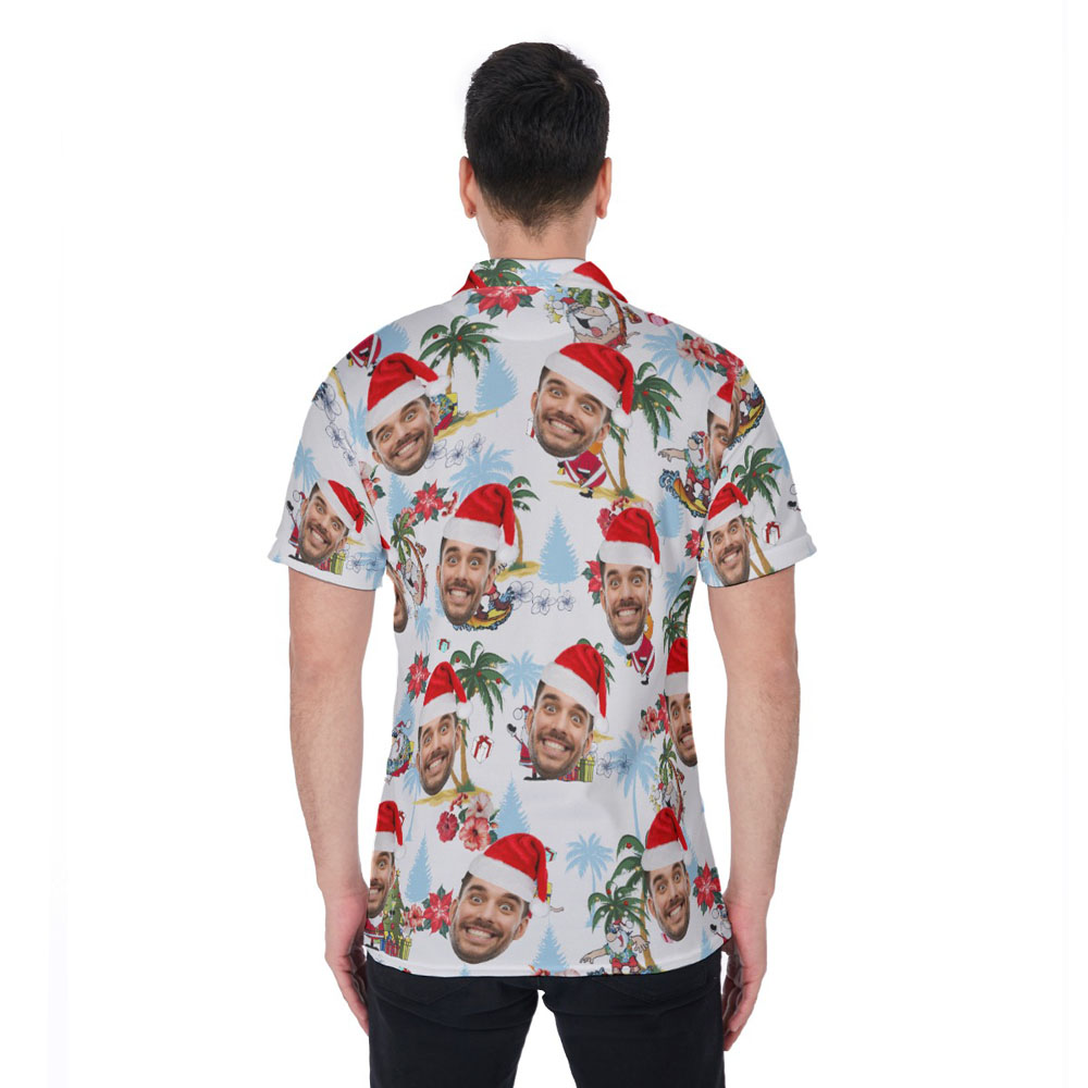 Funny Custom Face Christmas Palm Tree White Hawaiian Polo Shirt