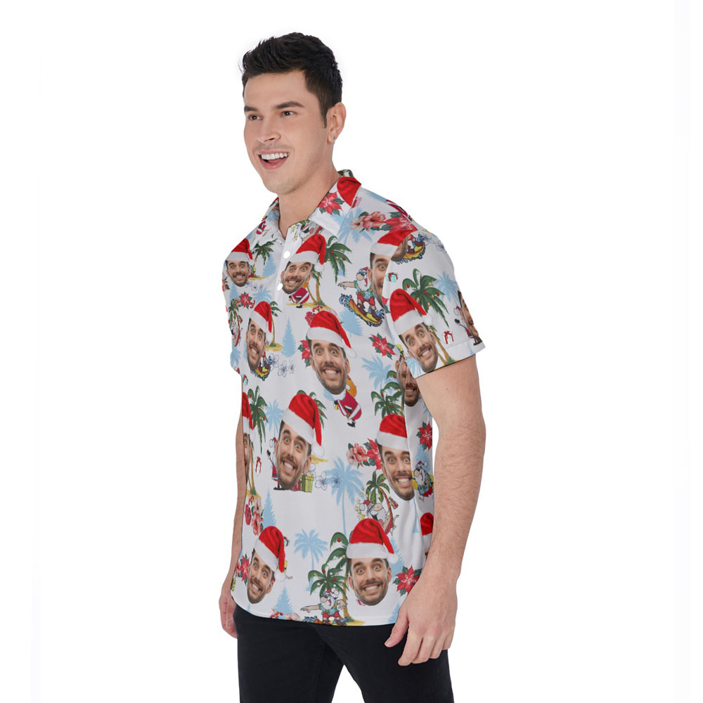 Funny Custom Face Christmas Palm Tree White Hawaiian Polo Shirt