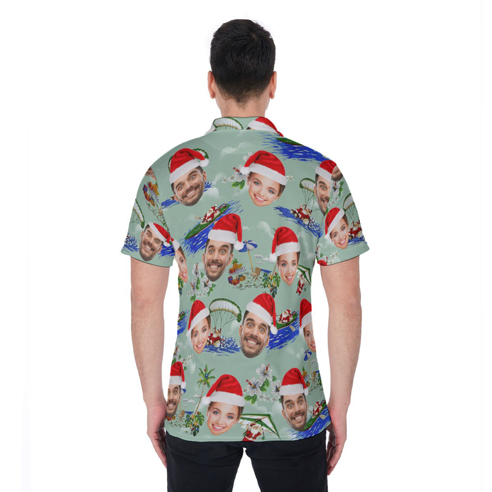 Funny Custom Face Surfing Santa Green Hawaiian Polo Golf Shirt