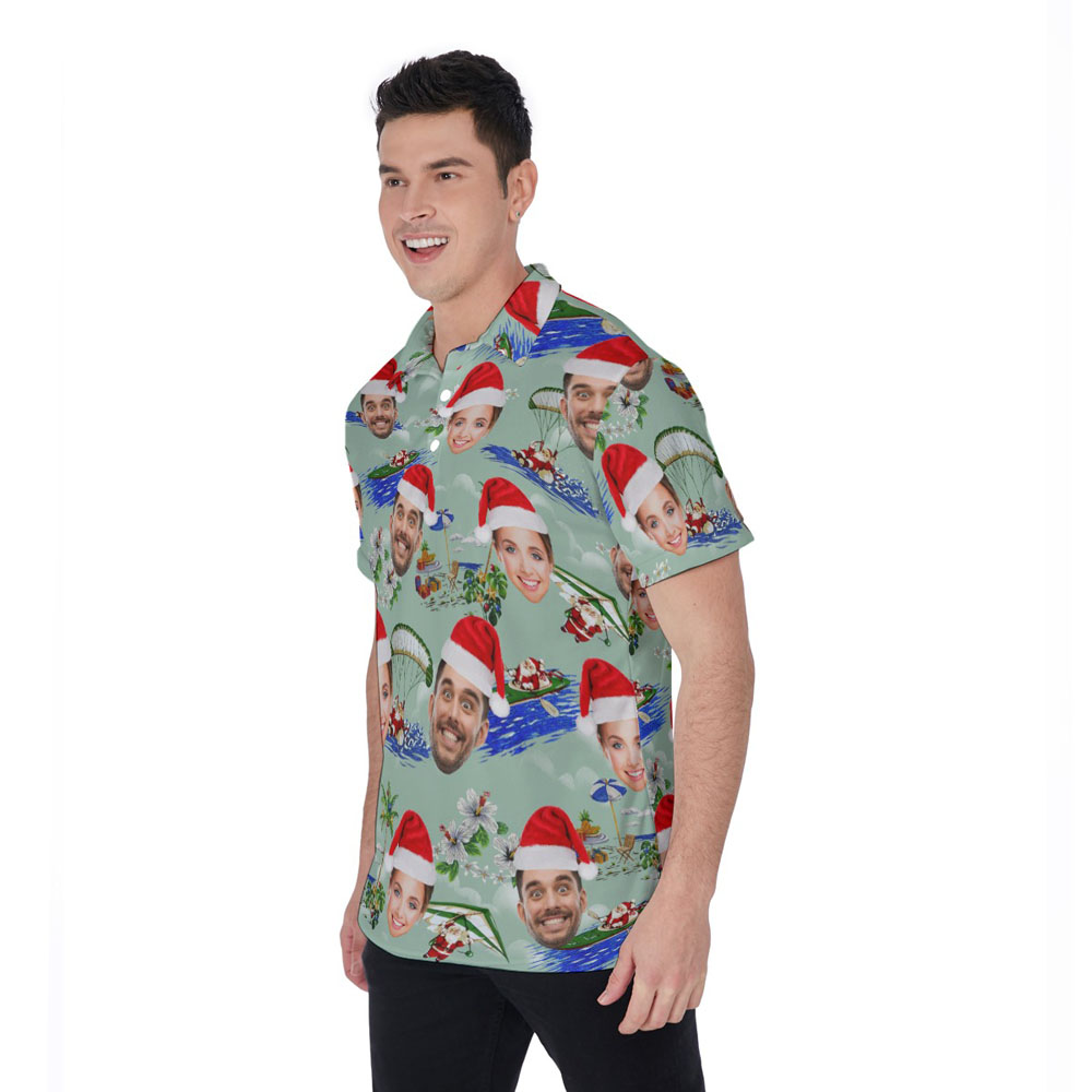 Funny Custom Face Surfing Santa Green Hawaiian Polo Golf Shirt