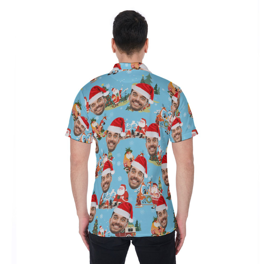 Vintage Santa Claus Blue Hawaiian Polo Shirt With Custom Face
