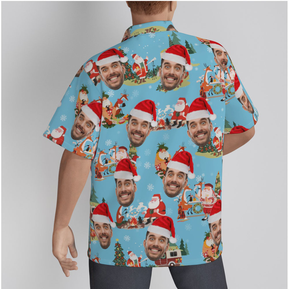 Funny Custom Face Vintage Christmas Santa Claus Blue Hawaiian Shirt