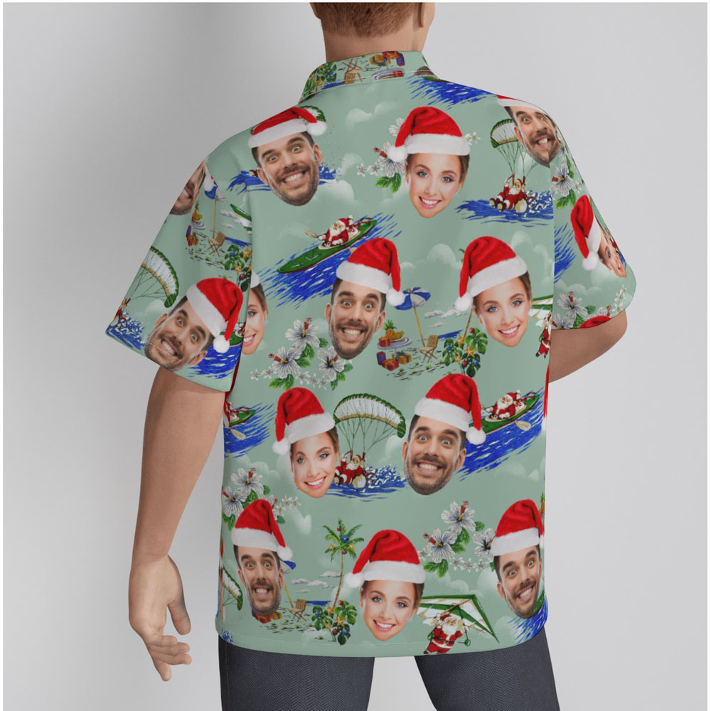 Surfing Santa Claus Christmas Green Hawaiian Shirt With Custom Face