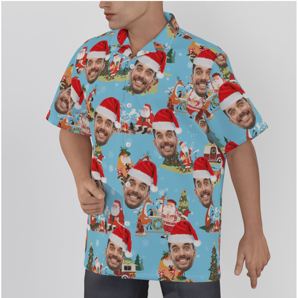 Funny Custom Face Vintage Christmas Santa Claus Blue Hawaiian Shirt