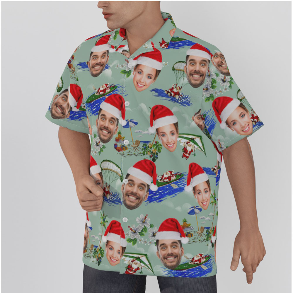 Surfing Santa Claus Christmas Green Hawaiian Shirt With Custom Face