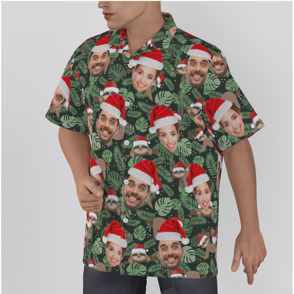 Funny Custom Face Christmas Sloth Green Hawaiian Shirt