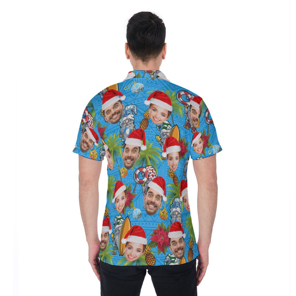 Custom Face Christmas Gnomes Palm Trees Hawaiian Polo Shirt