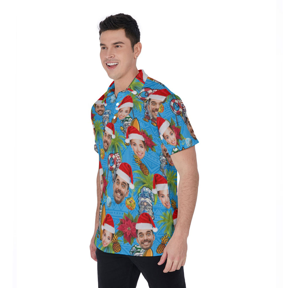 Custom Face Christmas Gnomes Palm Trees Hawaiian Polo Shirt