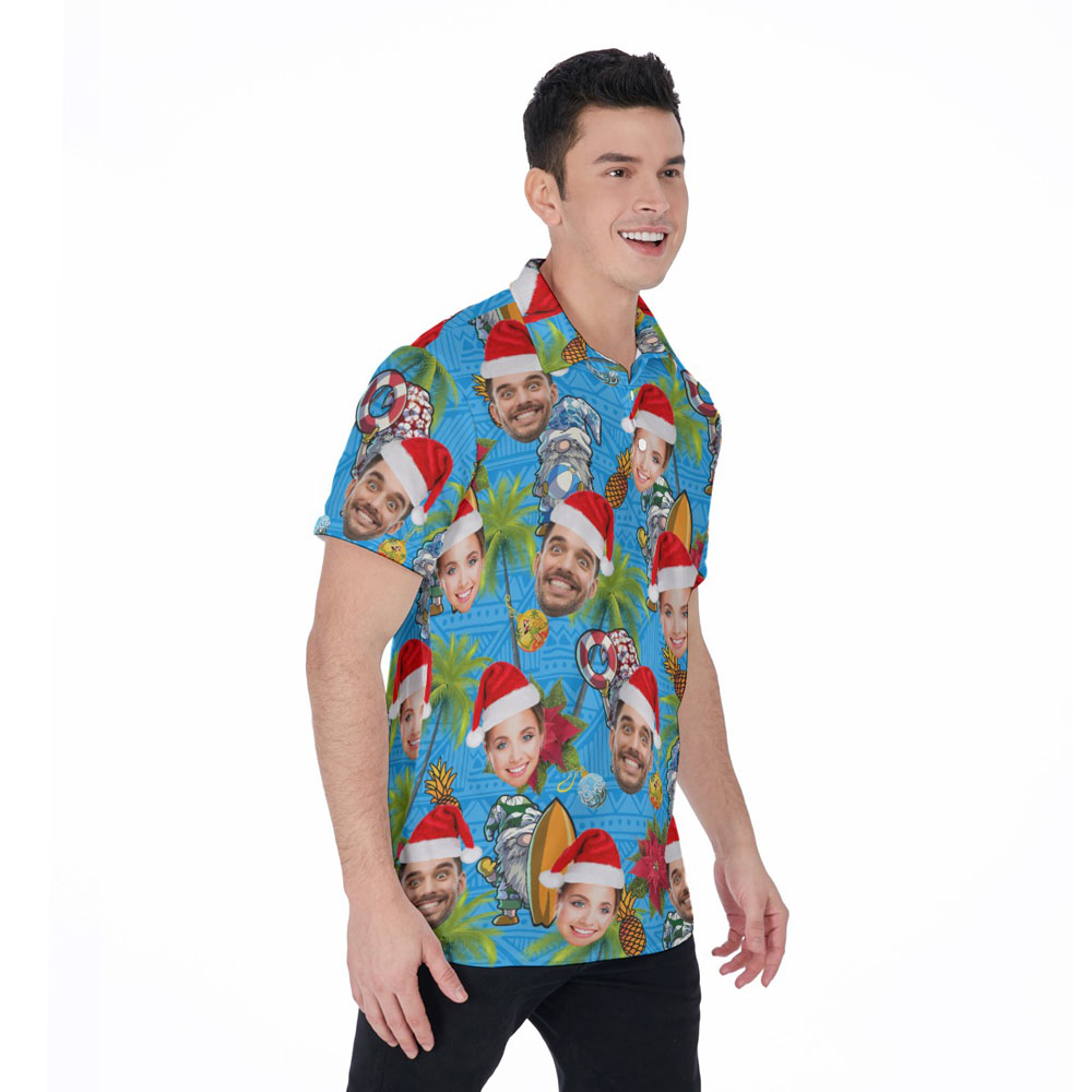 Custom Face Christmas Gnomes Palm Trees Hawaiian Polo Shirt