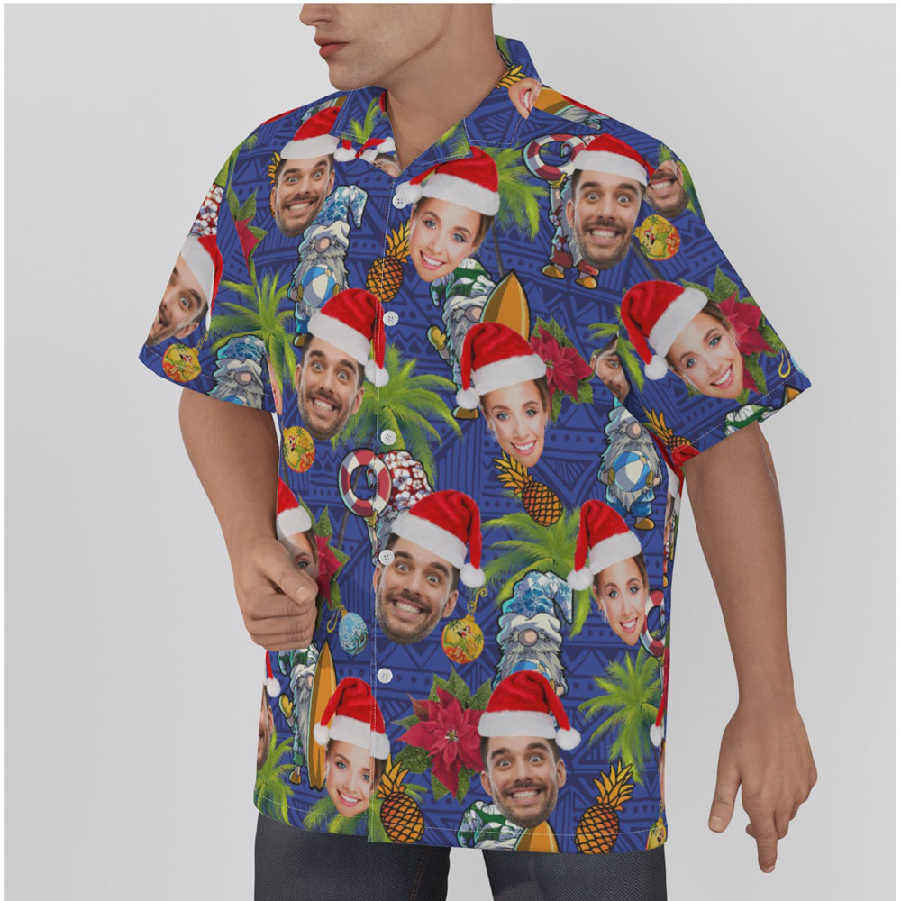 Tropical Gnomes Custom Face Christmas Blue Hawaiian Shirt