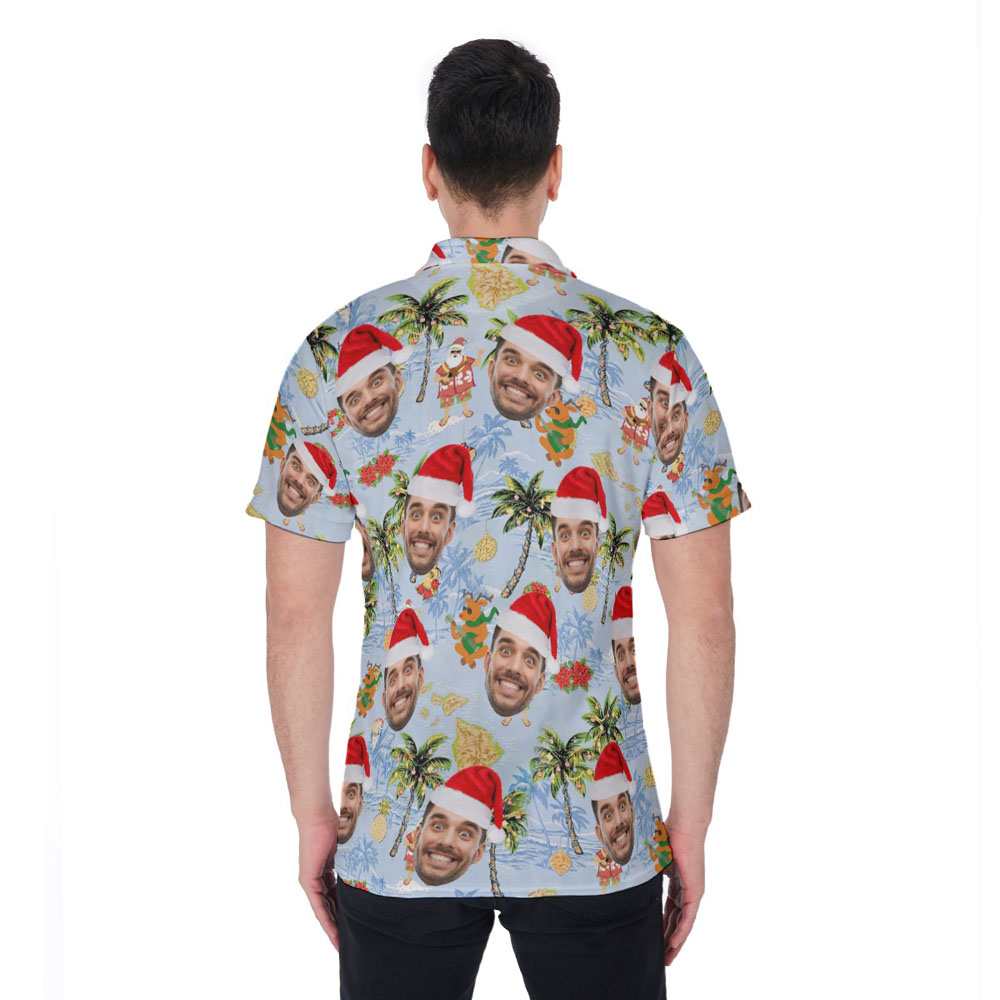 Summer Santa Playing Ukulele Palm Tree Hawaiian Polo Shirt With Custom Face