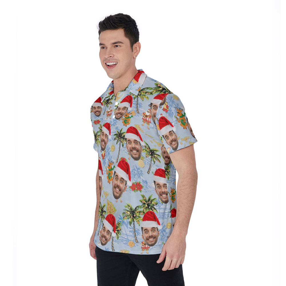 Summer Santa Playing Ukulele Palm Tree Hawaiian Polo Shirt With Custom Face