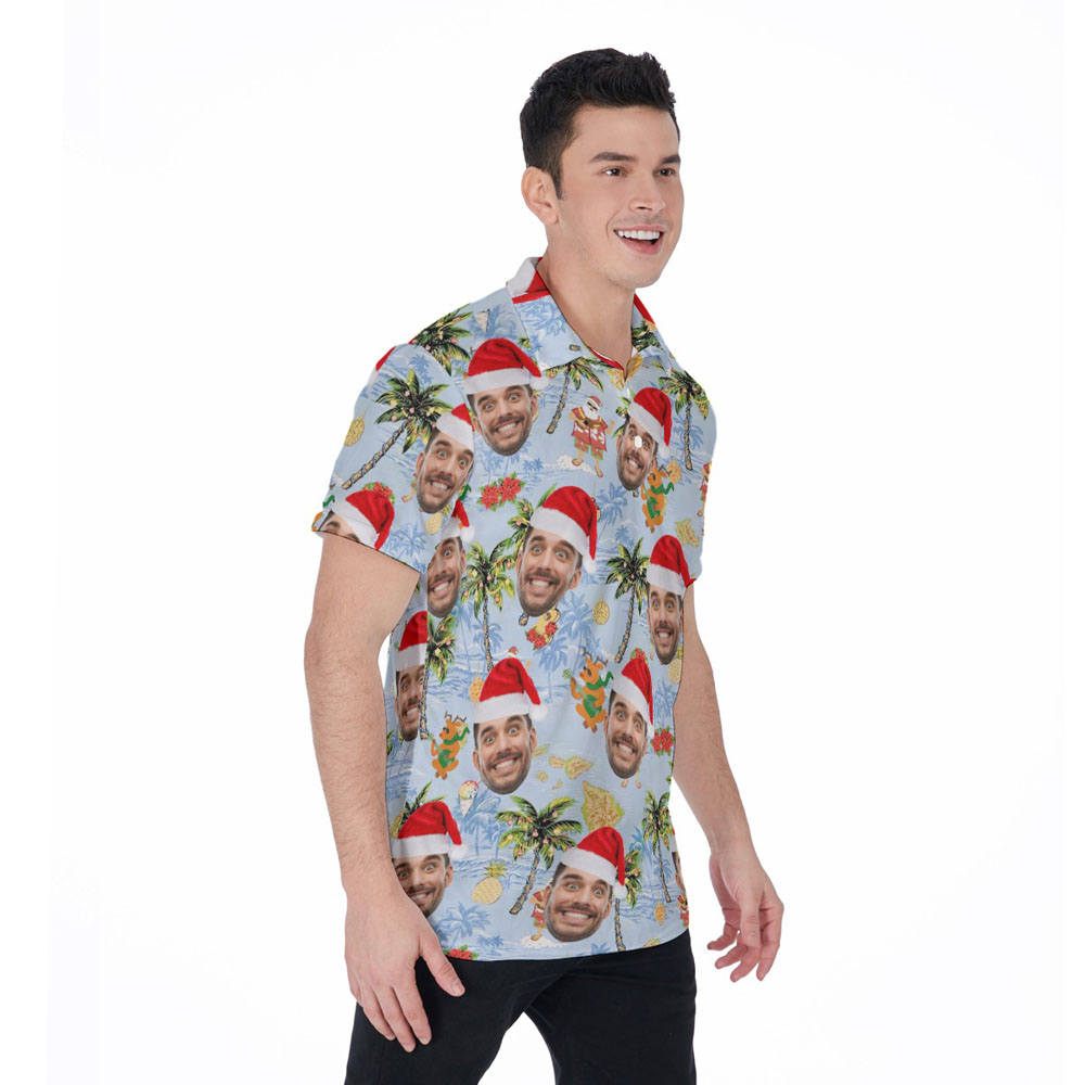 Summer Santa Playing Ukulele Palm Tree Hawaiian Polo Shirt With Custom Face