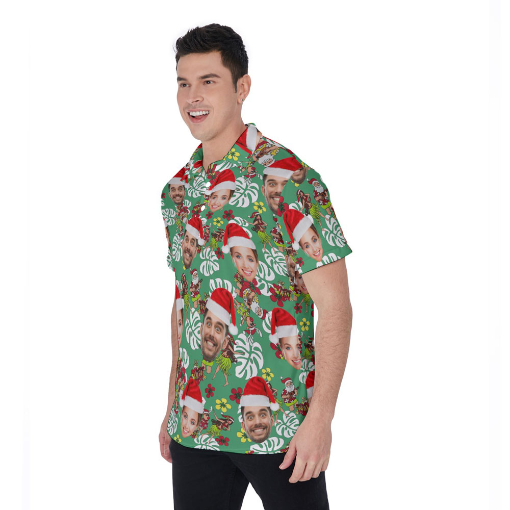 Funny Custom Face Vintage Hula Santa Green Hawaiian Polo Shirt