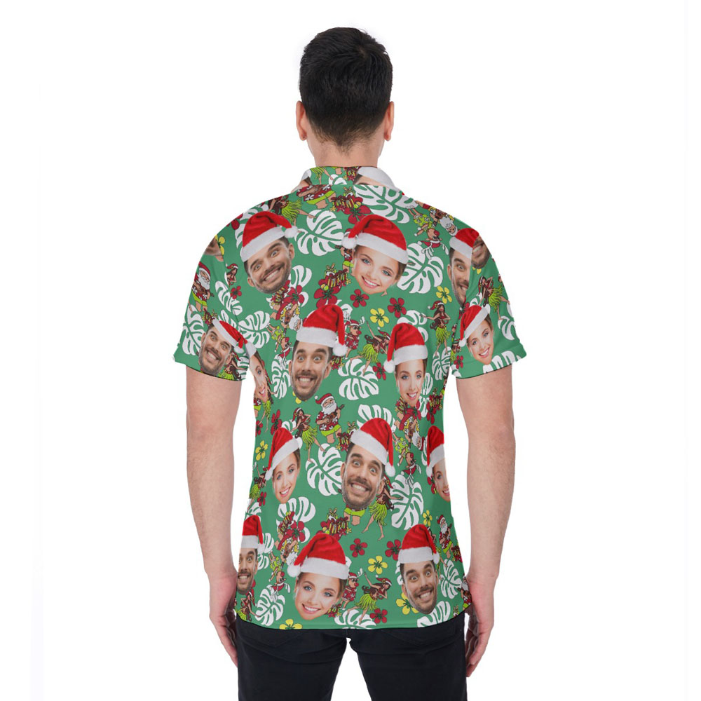 Funny Custom Face Vintage Hula Santa Green Hawaiian Polo Shirt