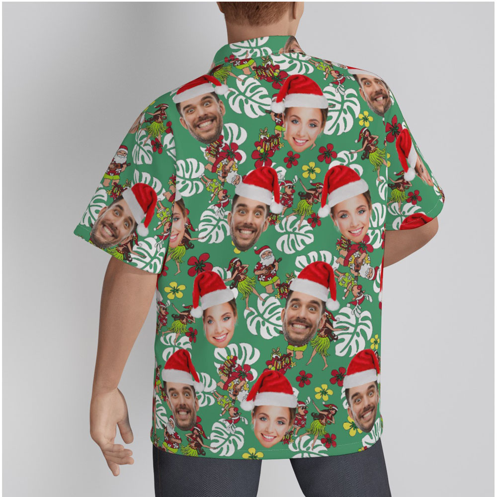 Funny Hula Santa Custom Face Green Hawaiian Shirt