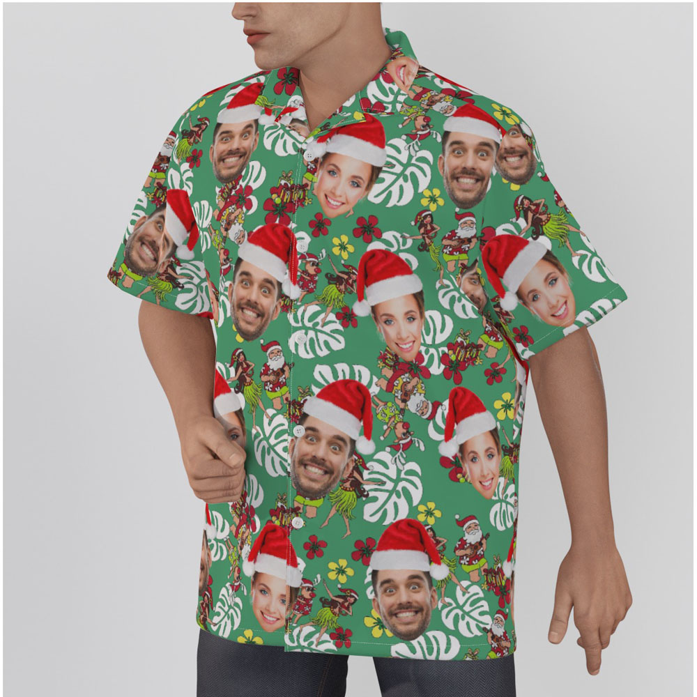 Funny Hula Santa Custom Face Green Hawaiian Shirt