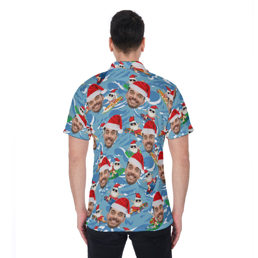 Custom Face Christmas Santa Surfing Blue Hawaiian Polo Shirt For Men