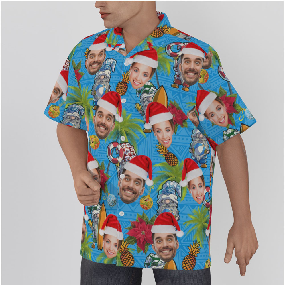 Funny Custom Face Christmas Gnomes Christmas Navy Hawaiian Shirt