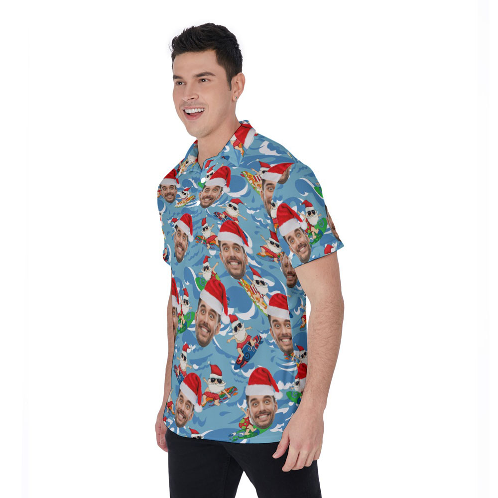 Custom Face Christmas Santa Surfing Blue Hawaiian Polo Shirt For Men