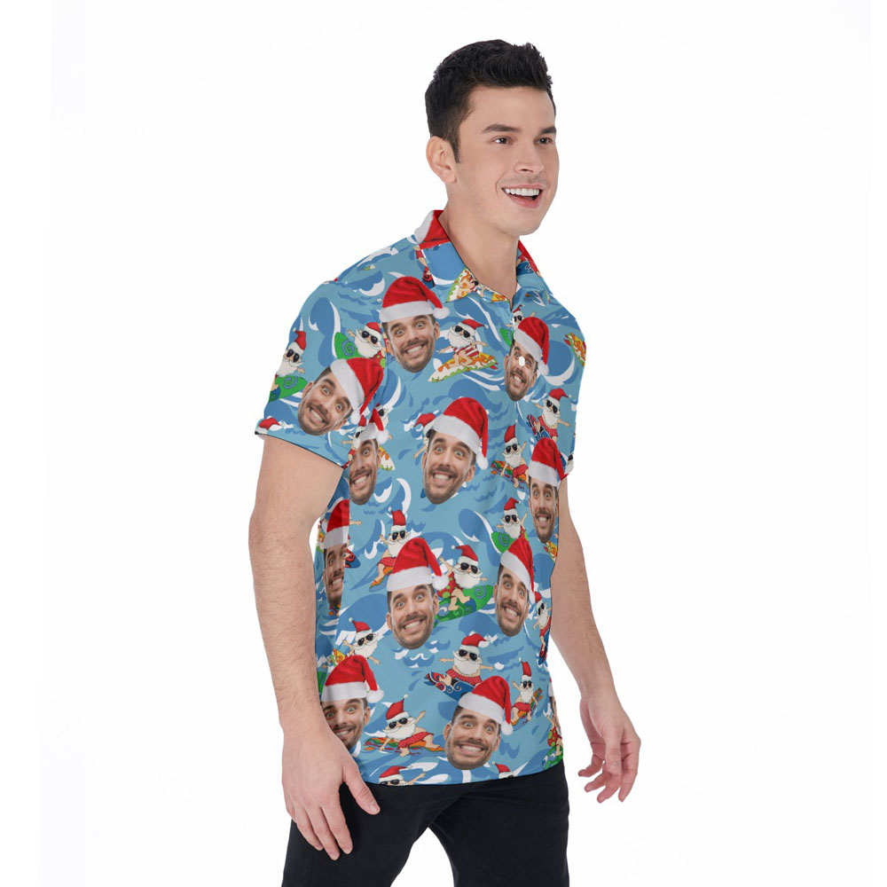 Custom Face Christmas Santa Surfing Blue Hawaiian Polo Shirt For Men