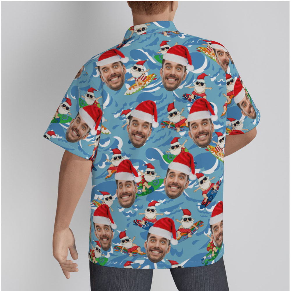 Funny Summer Santa Surfing Blue Hawaiian Shirt With Custom Face