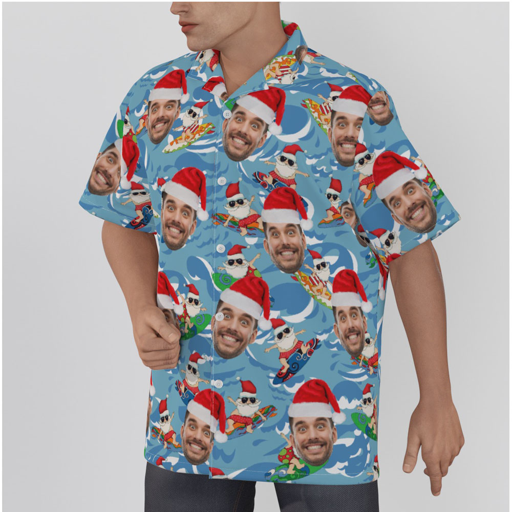 Funny Summer Santa Surfing Blue Hawaiian Shirt With Custom Face