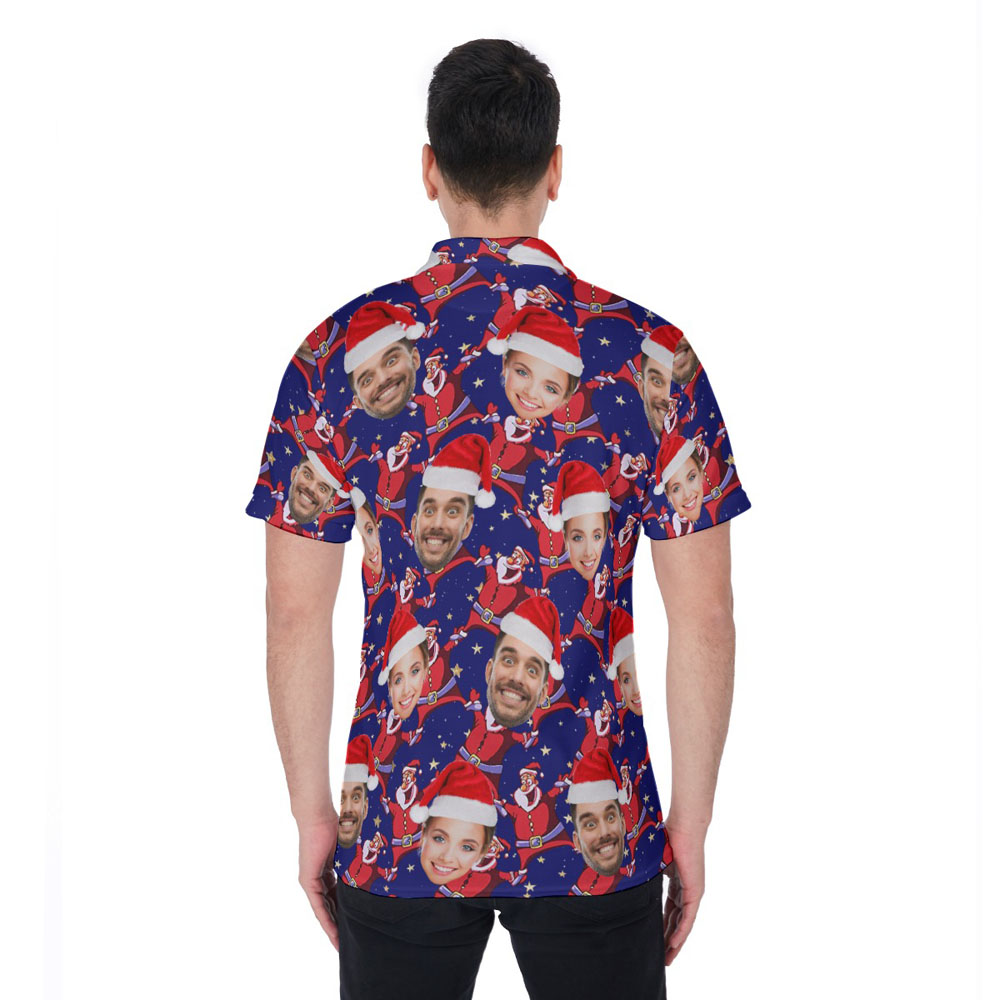 Funny Custom Face Christmas Santa Blue Hawaiian Golf Shirt