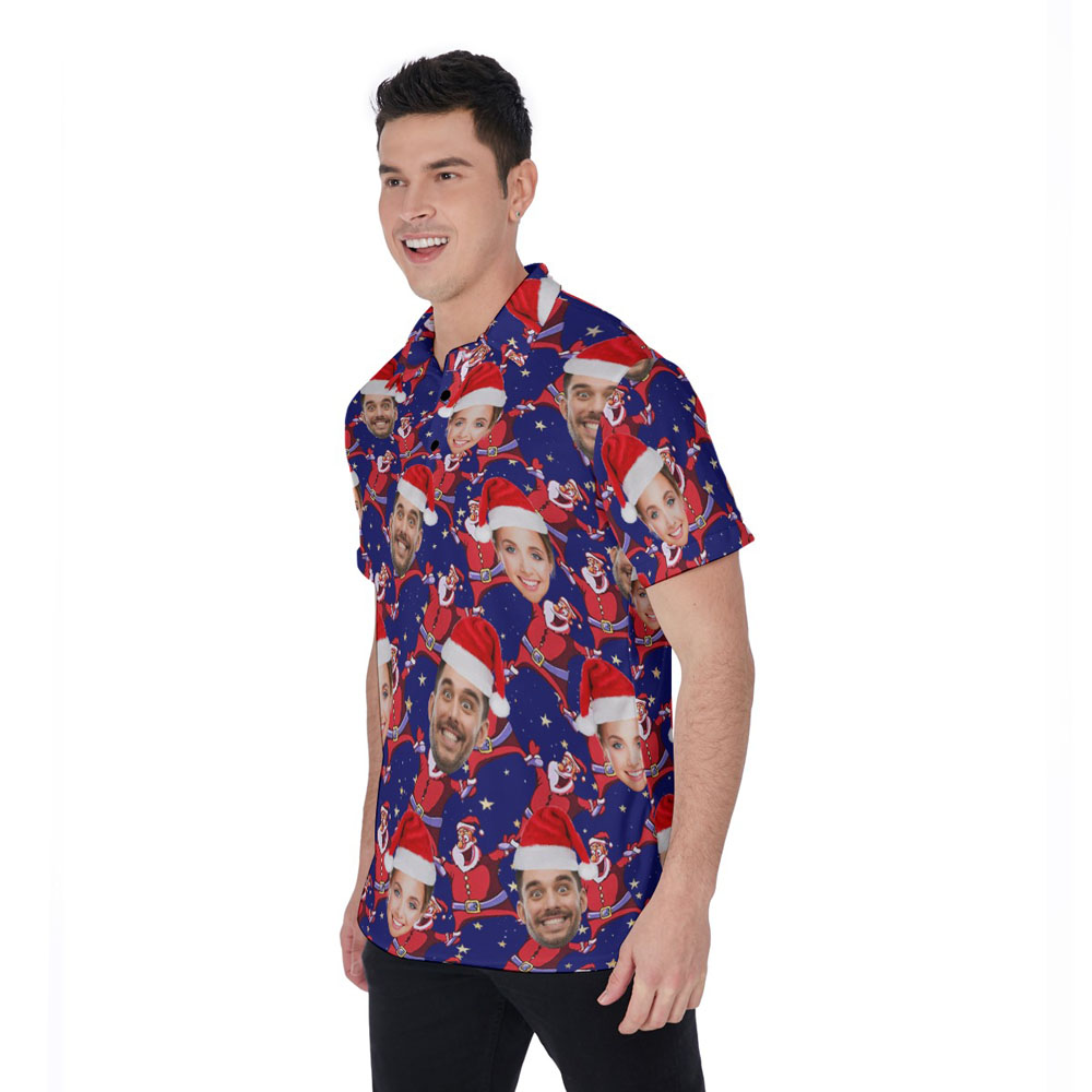 Funny Custom Face Christmas Santa Blue Hawaiian Golf Shirt