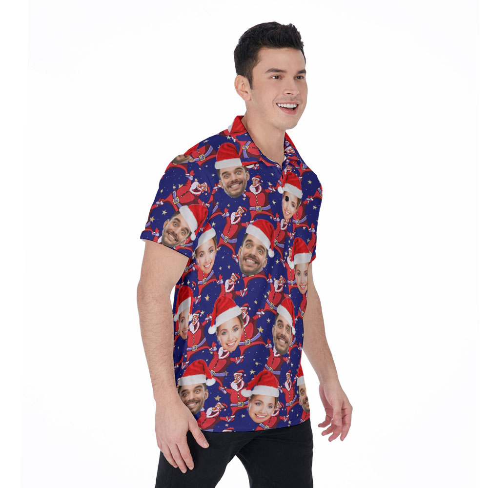 Funny Custom Face Christmas Santa Blue Hawaiian Golf Shirt