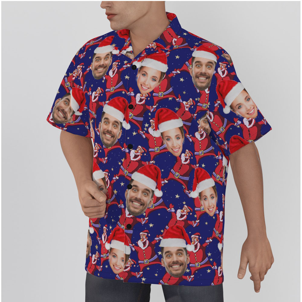 Custom Multiple Faces Christmas Santa Navy Hawaiian Shirt