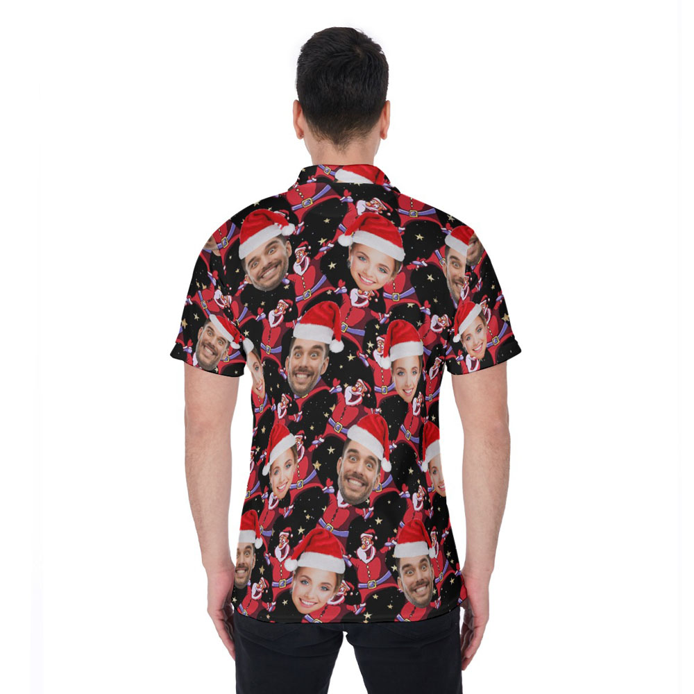 Funny Custom Couple Faces Xmas Santa Black Hawaiian Polo Shirt For Men