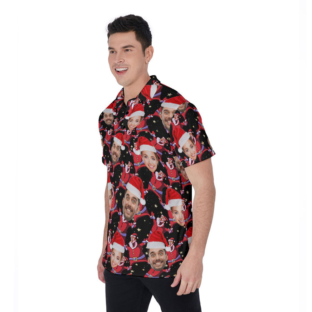 Funny Custom Couple Faces Xmas Santa Black Hawaiian Polo Shirt For Men