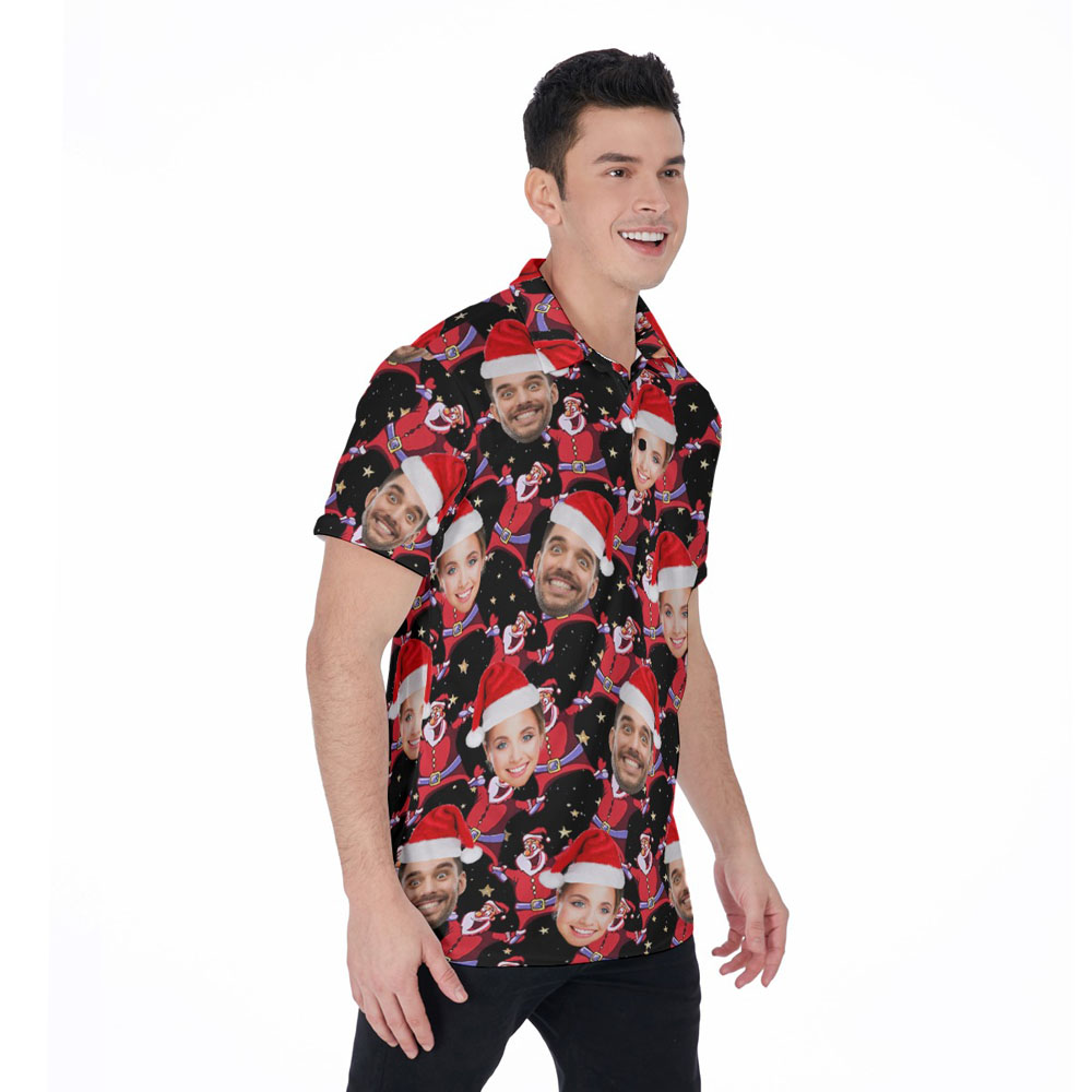 Funny Custom Couple Faces Xmas Santa Black Hawaiian Polo Shirt For Men