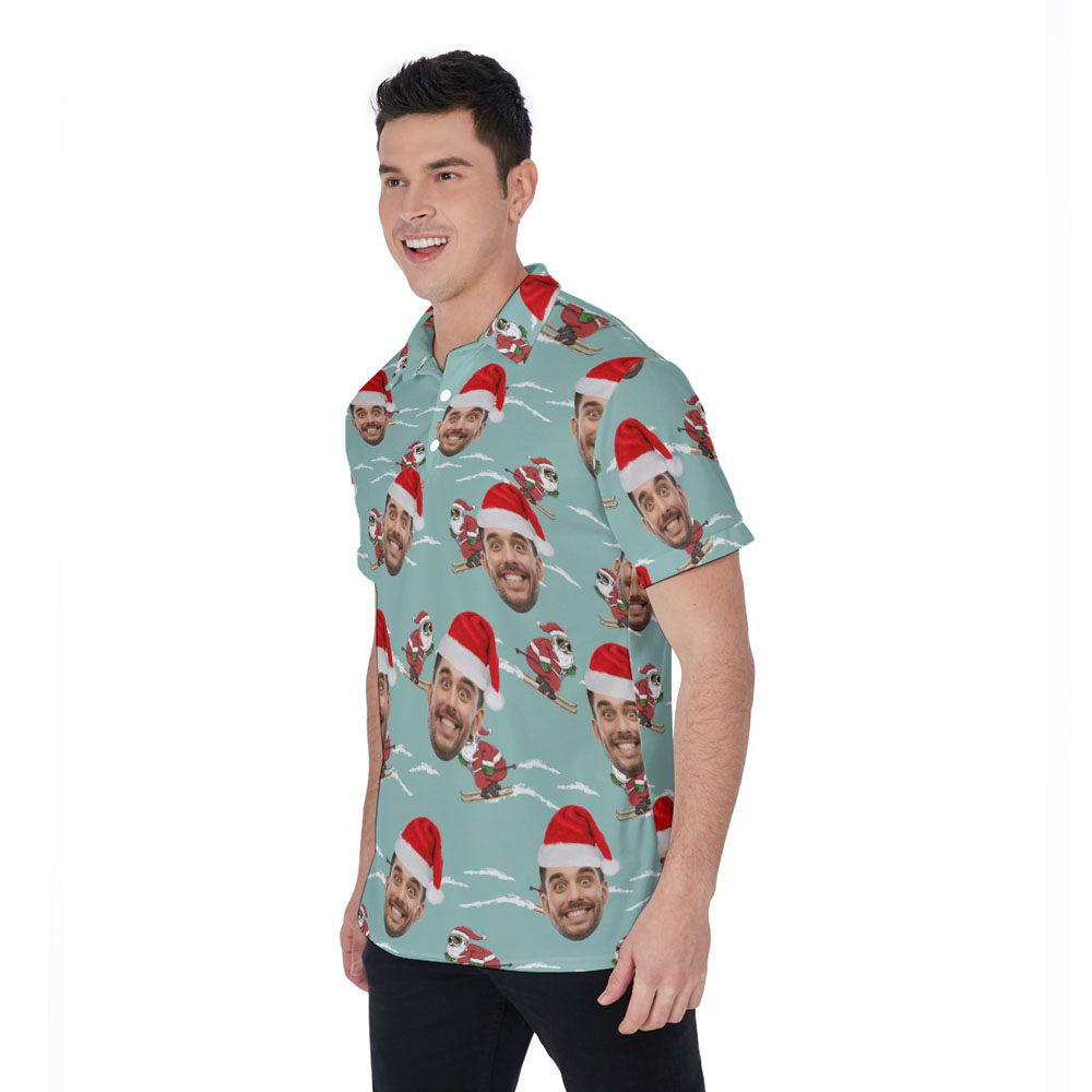 Custom Face Christmas Santa Skiing Blue Hawaiian Polo Shirt For Men
