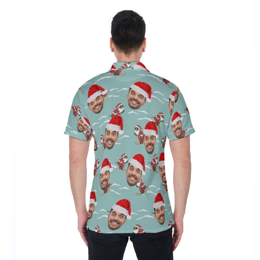 Custom Face Christmas Santa Skiing Blue Hawaiian Polo Shirt For Men