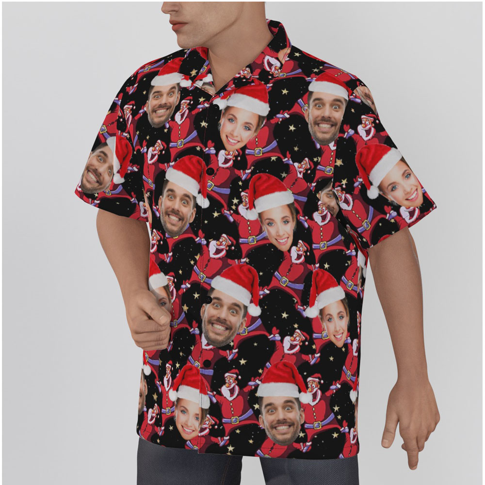 Custom Couple Face Christmas Santa Claus Black Hawaiian Shirt