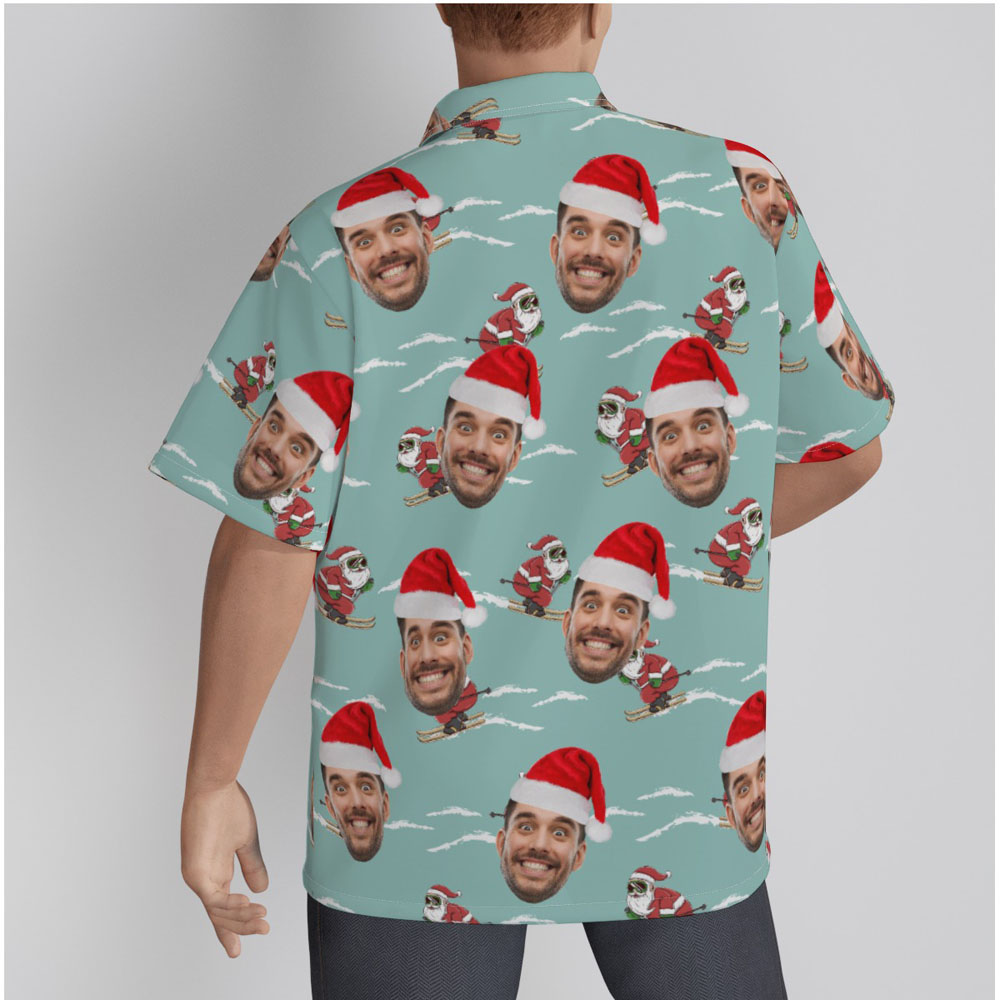 Funny Custom Face Xmas Santa Claus Skiing Blue Hawaiian Shirt