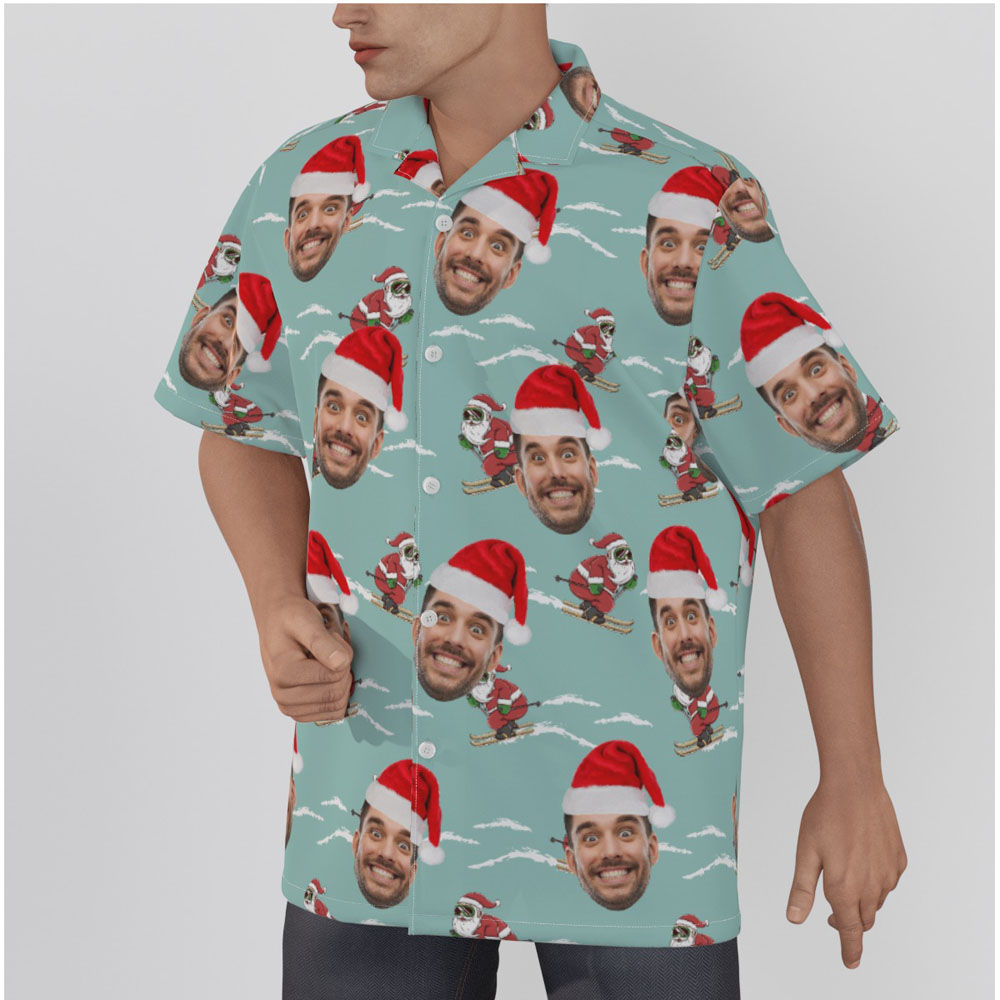 Funny Custom Face Xmas Santa Claus Skiing Blue Hawaiian Shirt