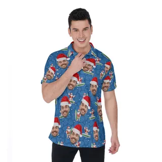 Cute Summer Santa Surfing Custom Face Christmas Hawaiian Polo Shirt