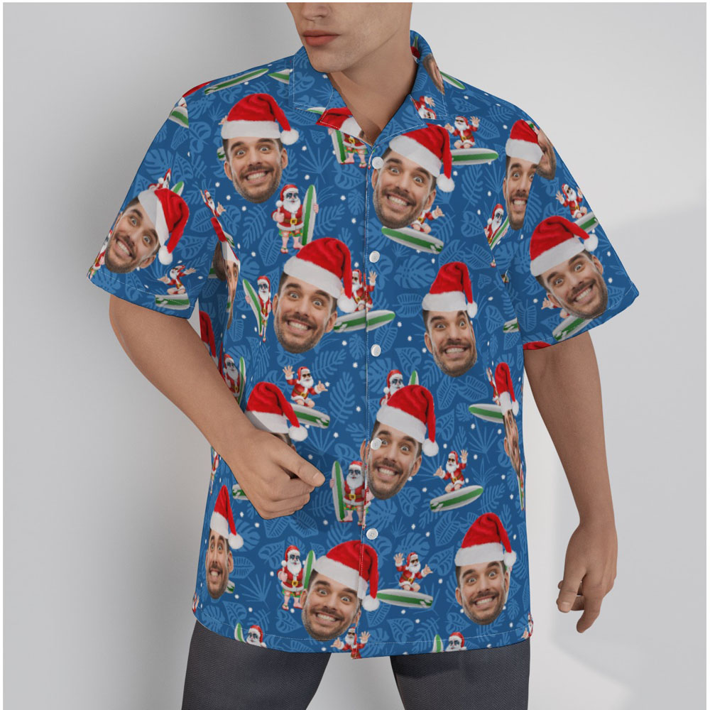 Custom Face Christmas Santa Surfing Navy Men's Hawaiian Shirt - variant image 1