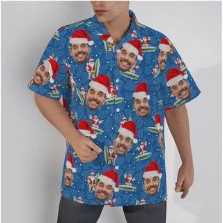 Custom Face Christmas Santa Surfing Navy Men's Hawaiian Shirt